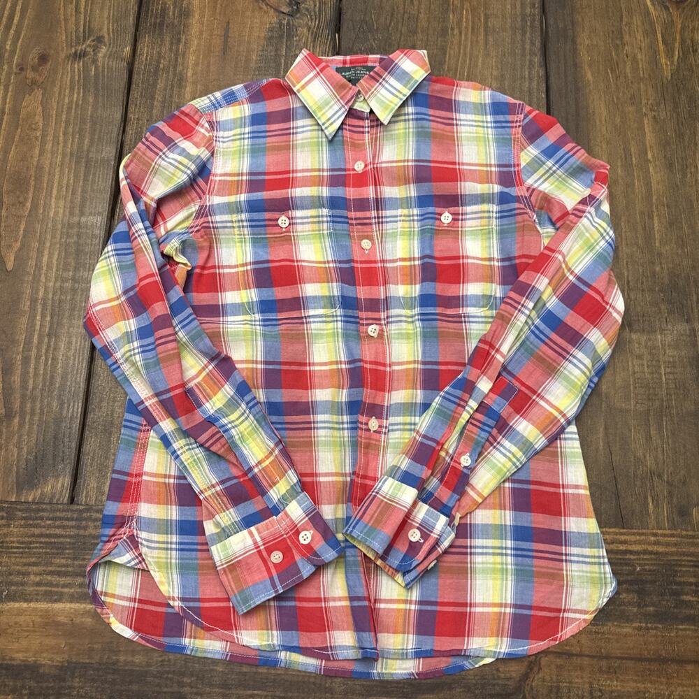 Lauren Ralph Lauren Women PP Red Blue Plaid Roll‎ Tab Sleeve Lightweight Small